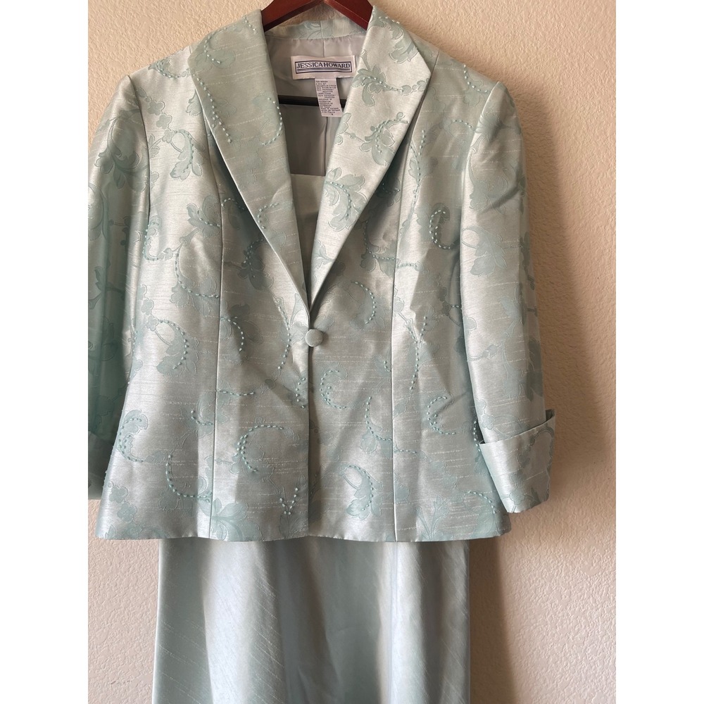 Vintage Jessica Howard Women Seafoam Green Beaded Jacquard Dress Set Size 6 - Picture 4 of 9